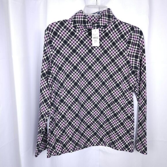 NWT The Talbots Tee Womens Medium Purple Plaid Argyle Turtleneck Athletic Top - Picture 1 of 7
